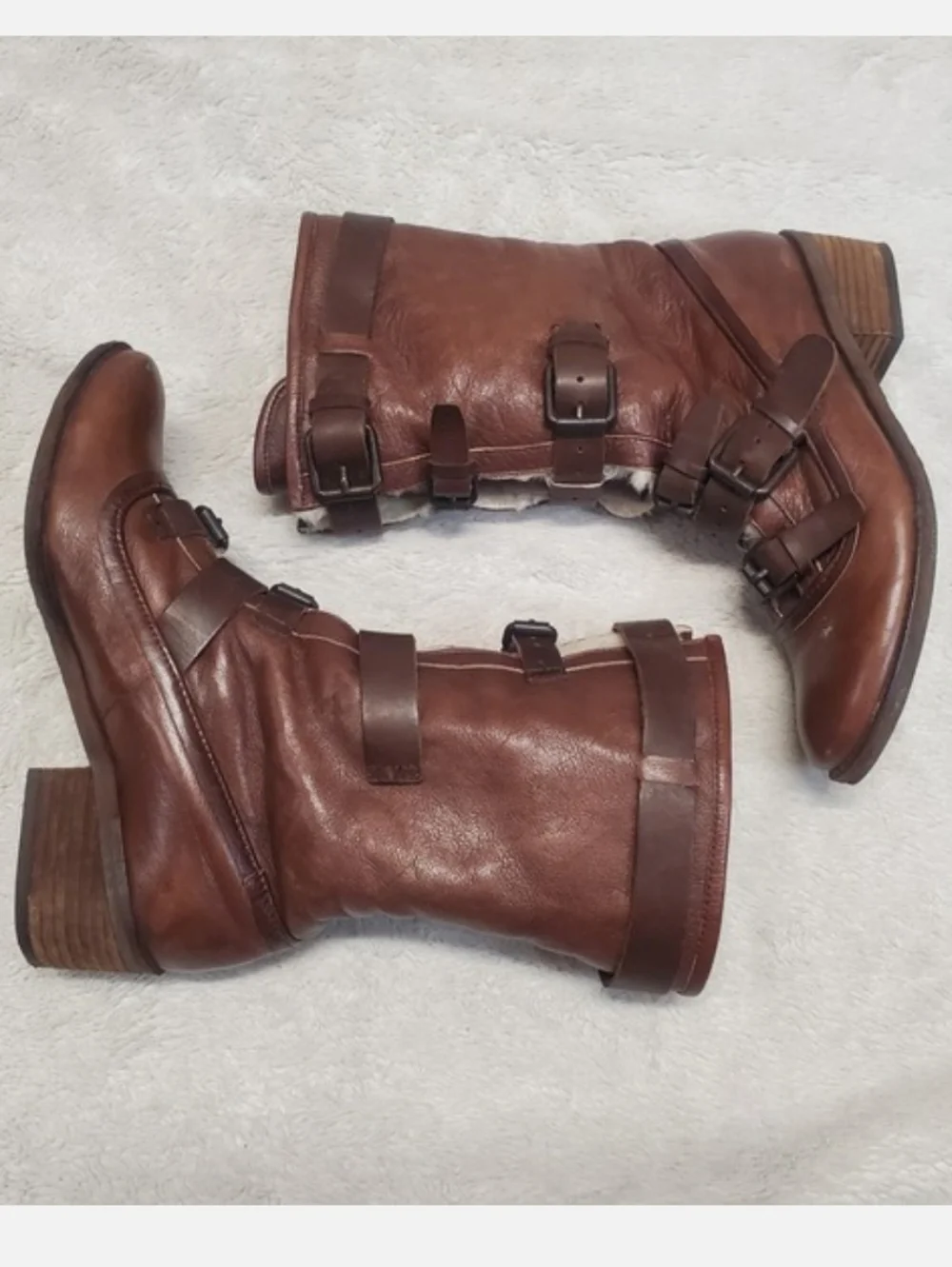 Brown Leather Australian Fur Fuzzy Buckle Tall Boots Women‎ 6 Boho Winter Cozy